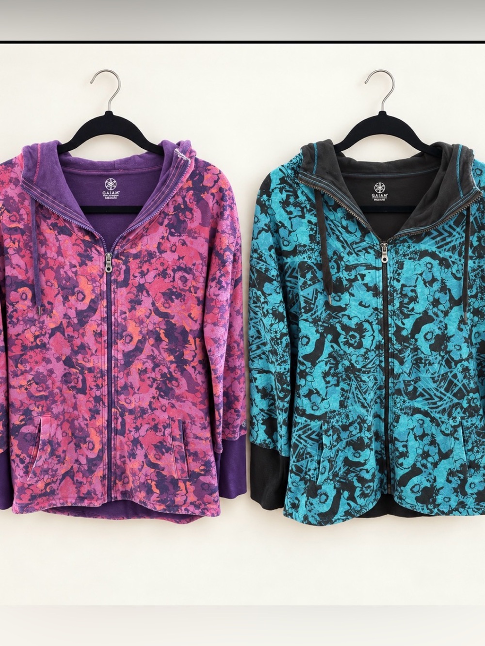 Lot of 2 Gaiam “Yoga Joy” floral full-zip hoodie, women’s Medium.